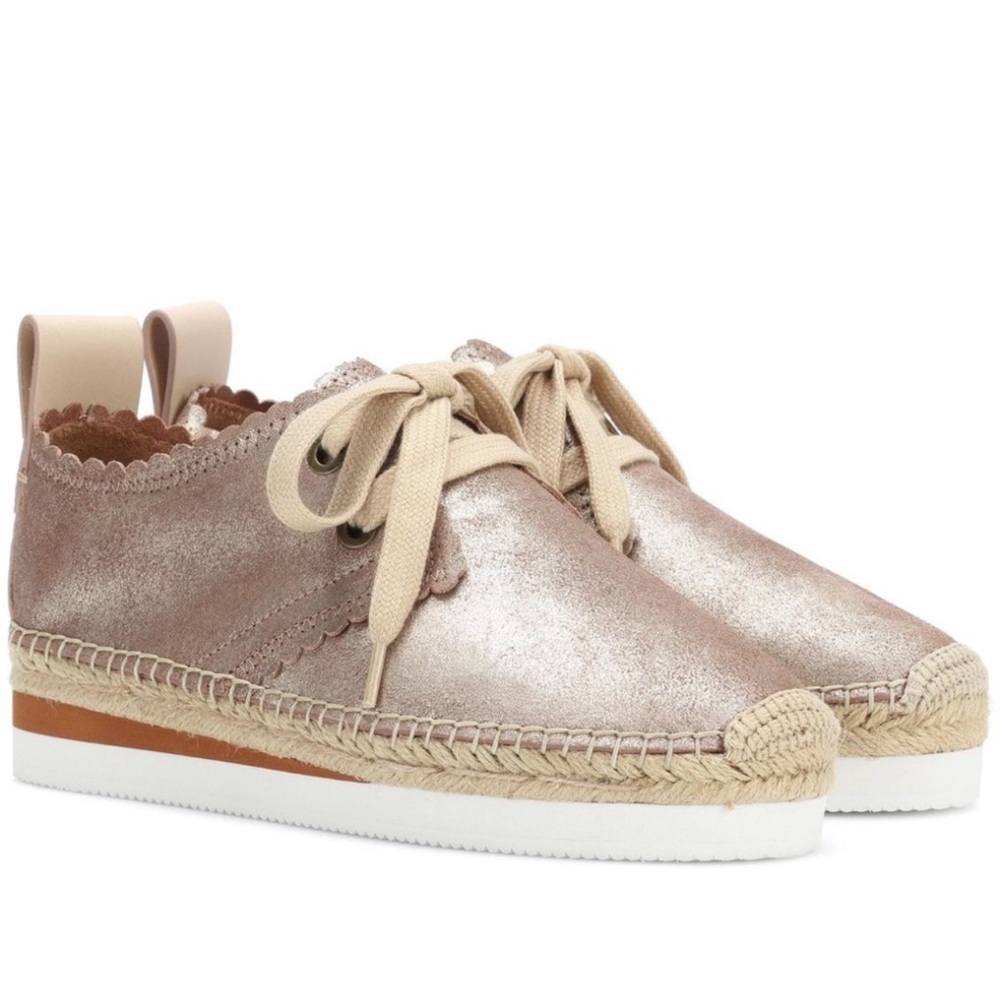 See by Chloe Woman’s Scalloped Leather Lace Up Platform Espadrille Flats, Gold